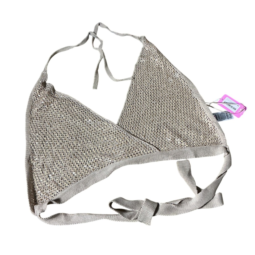 NEW Edikted Sequin Crochet Halter Top Women XS Gold Festival Boho Wrap Y2K Tie